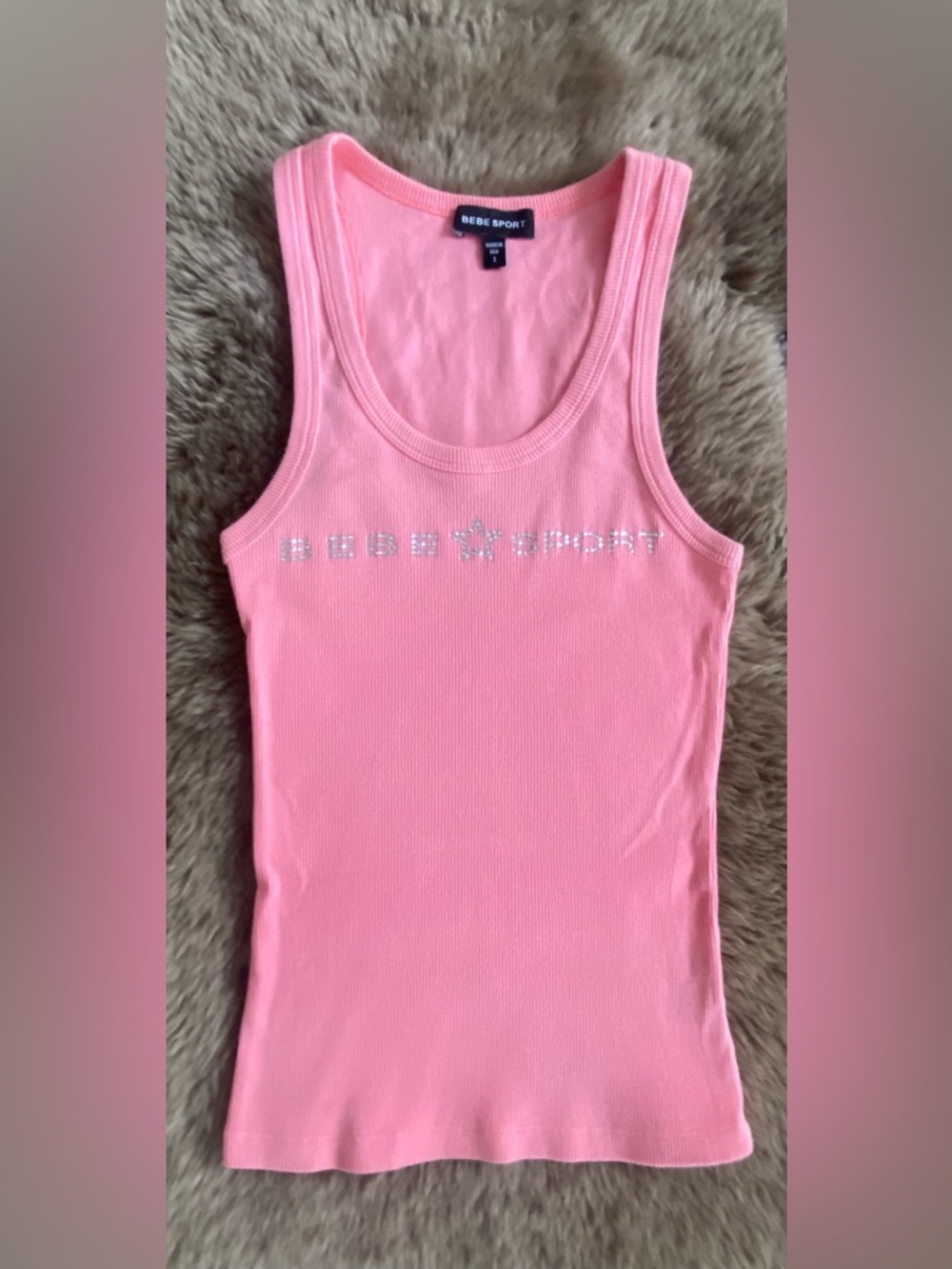 Super rare- star bebe Flamingo Pink Ribbed Tank with Crystal Logo